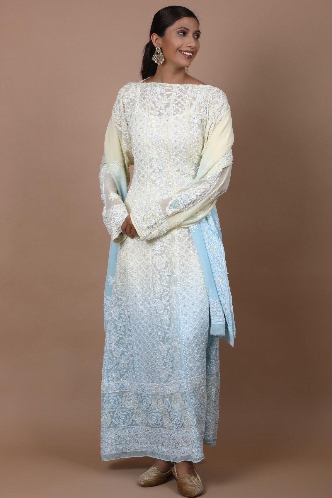 Ada Hand Embroidered Dual Shade Lemon And Blue Pure Georgette Lucknowi Chikankari Semi-Stitched Anarkali Kurta Dupatta Set With Cutdana Work 01A255942