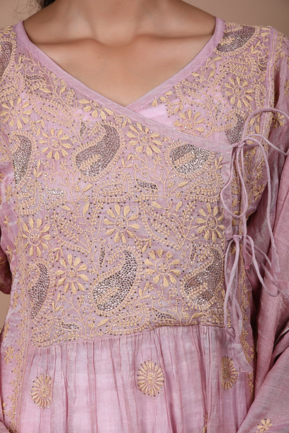 Ada Hand Embroidered Onion Pink Tissue Lucknowi Chikankari Semi-stitched Kurta Dupatta Set With Muqaish Work 01A238369