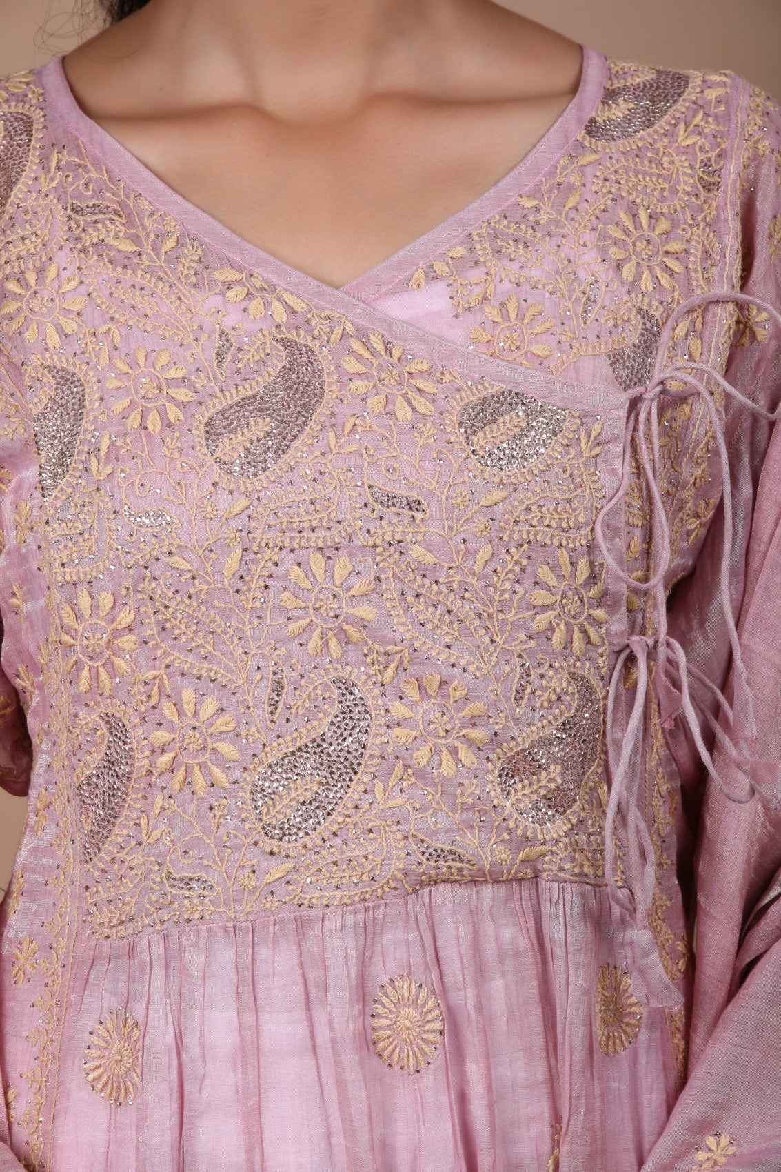 Ada Hand Embroidered Onion Pink Tissue Lucknowi Chikankari Semi-stitched Kurta Dupatta Set With Muqaish Work 01A238369