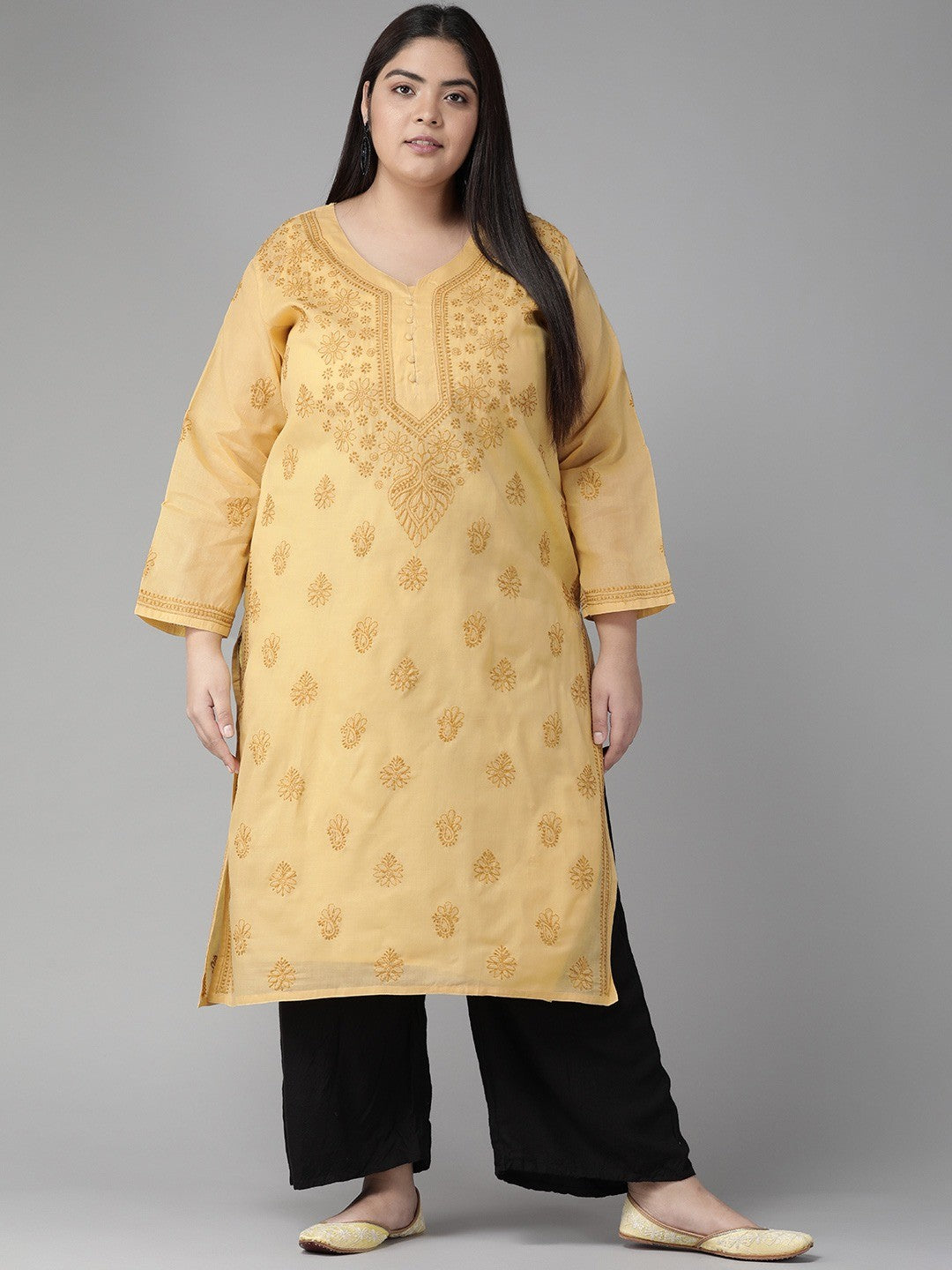 Ada Hand Embroidered Fawn Cotton Lucknowi Chikankari Straight Kurta A231417