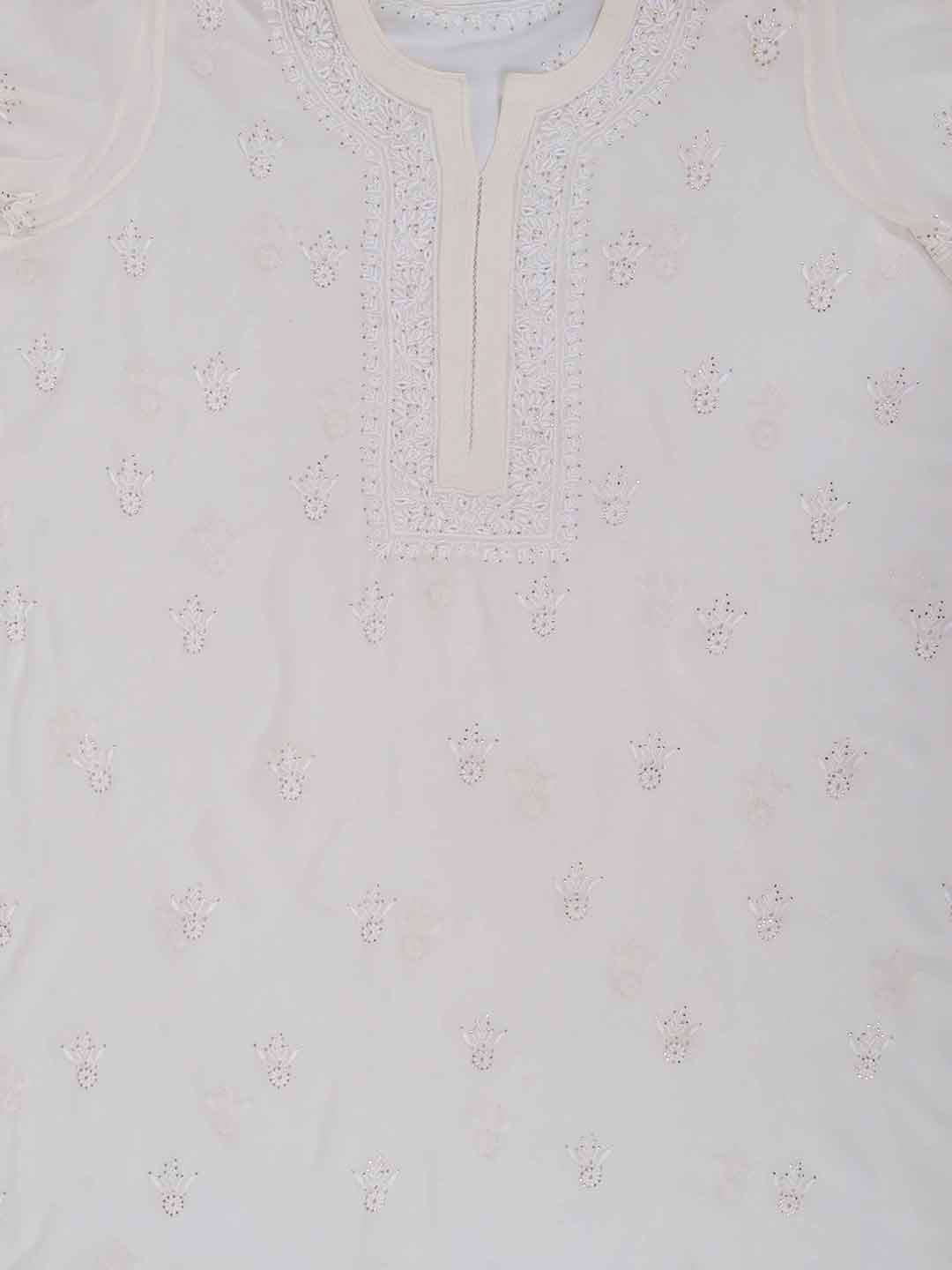Ada Hand Embroidered White Pure Georgette Lucknowi Chikan Semi-stitched Kurta Piece With Muqaish Work A353877
