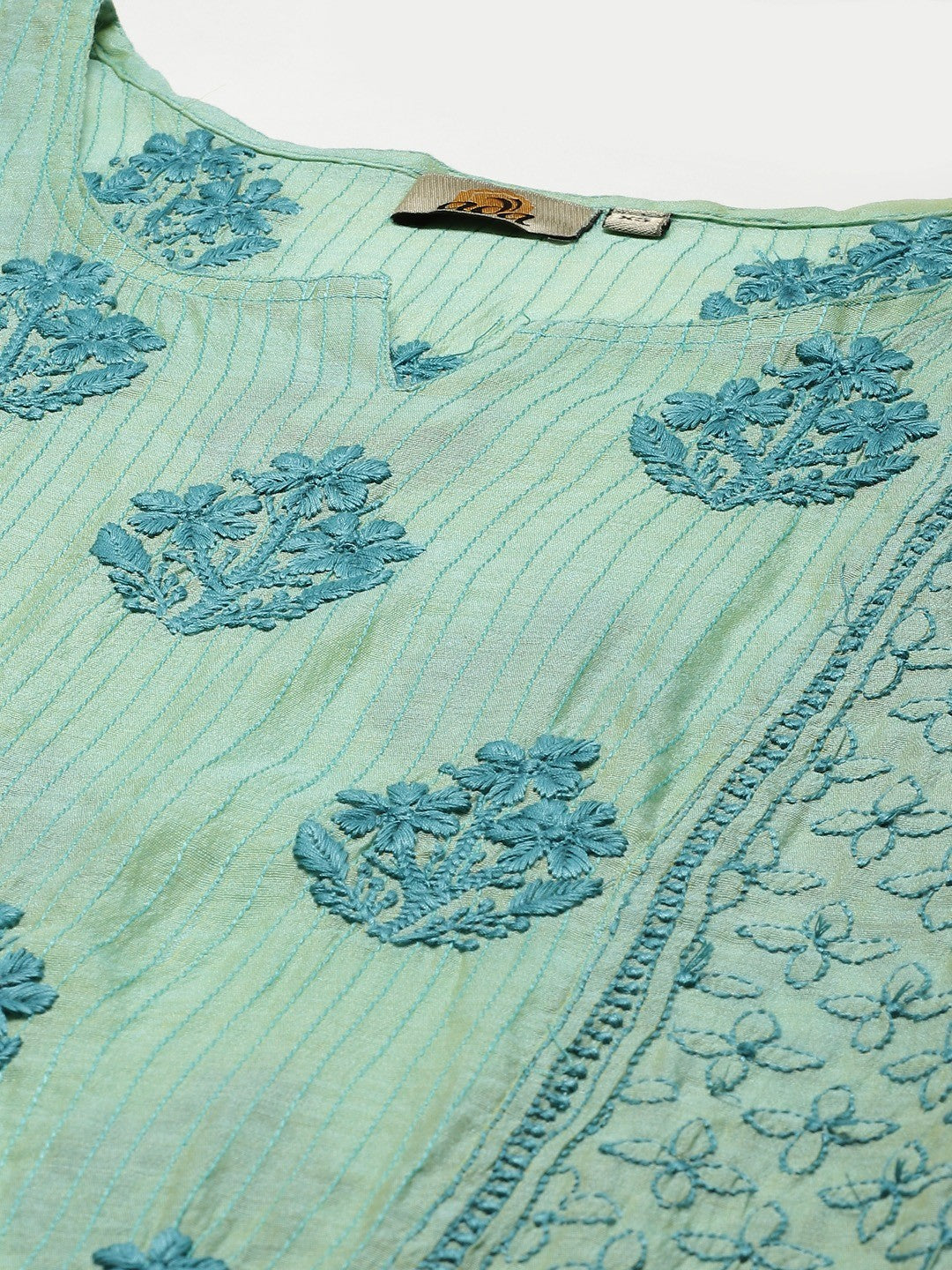 Ada Hand Embroidered Sea Green Chanderi Lucknow Chikankari Kurta-A411315