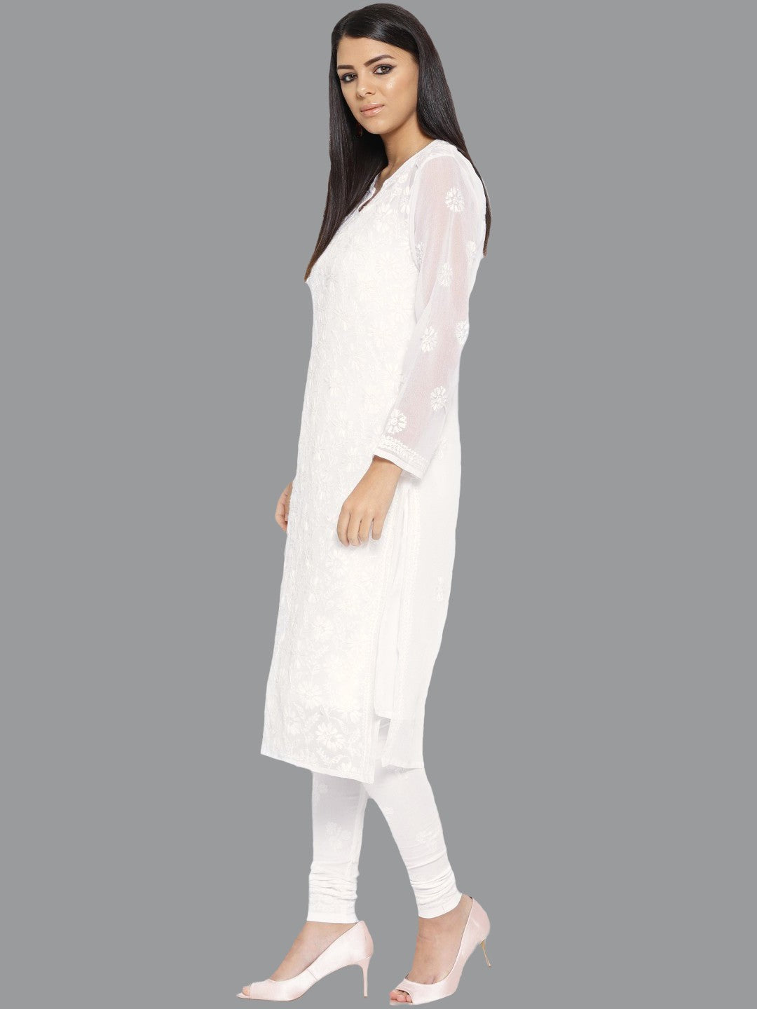 Ada Hand Embroidered White Georgette Lucknowi Chikankari Kurta with Churidar Set with Slip A100019