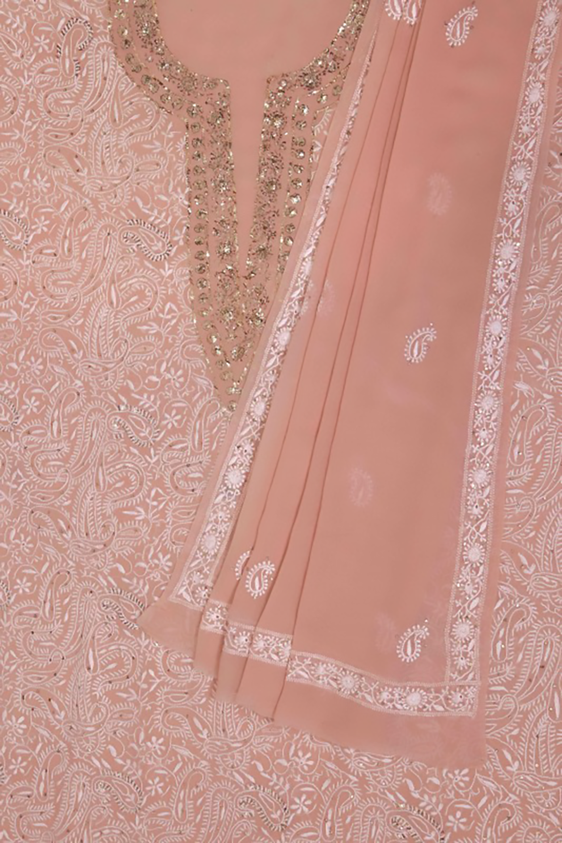 Ada Hand Embroidered Powder Pink Pure Georgette Lucknowi Chikankari Unstitched Kurta Dupatta Set With Muqaish Work A91779