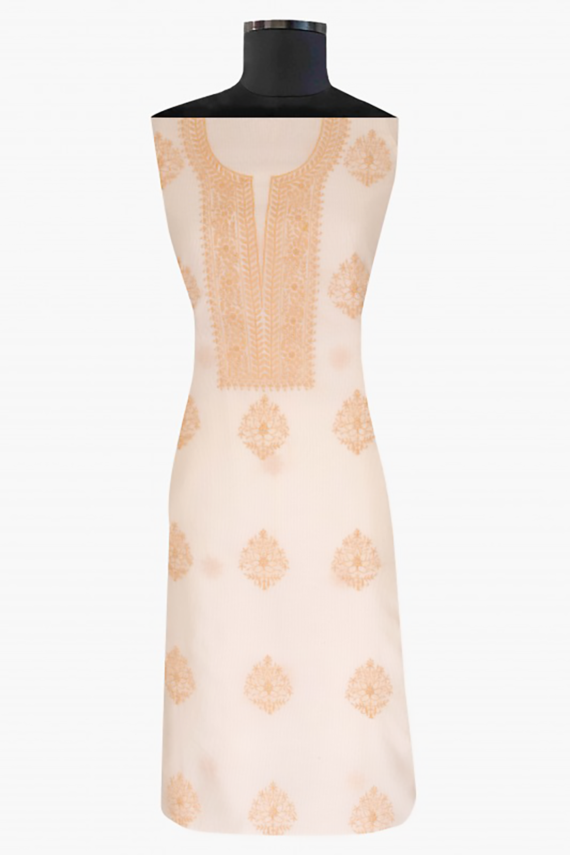 Ada Hand Embroidered Cream Chanderi Lucknowi Chikankari Unstitched Kurta Dupatta Set 01A10301