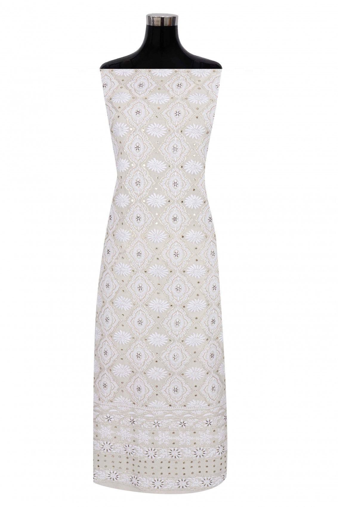 Ada Hand Embroidered White Pure Georgette Lucknowi Chikankari Unstitched Kurta Dupatta Set With Cutdana Work A392440