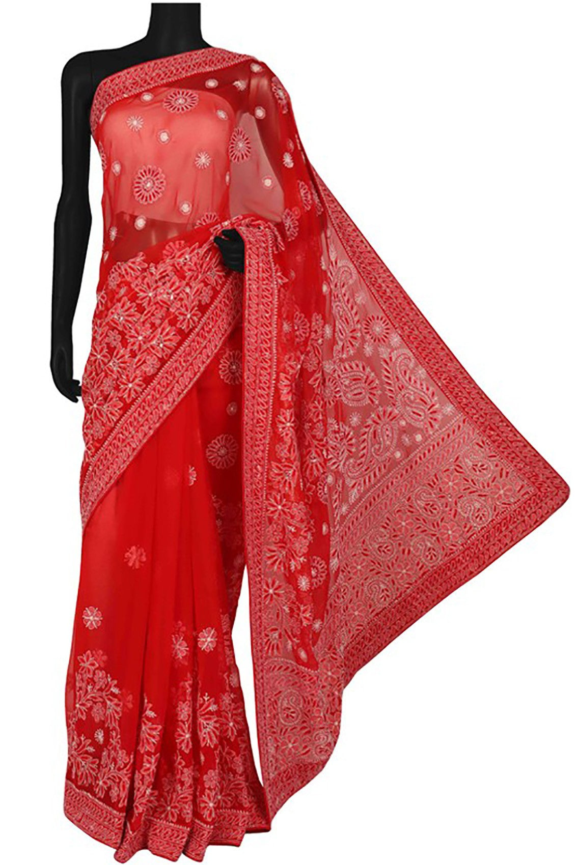 Ada Hand Embroidered Red Georgette Lucknowi Chikankari Saree/Blouse With Sequinned Work 01A53297