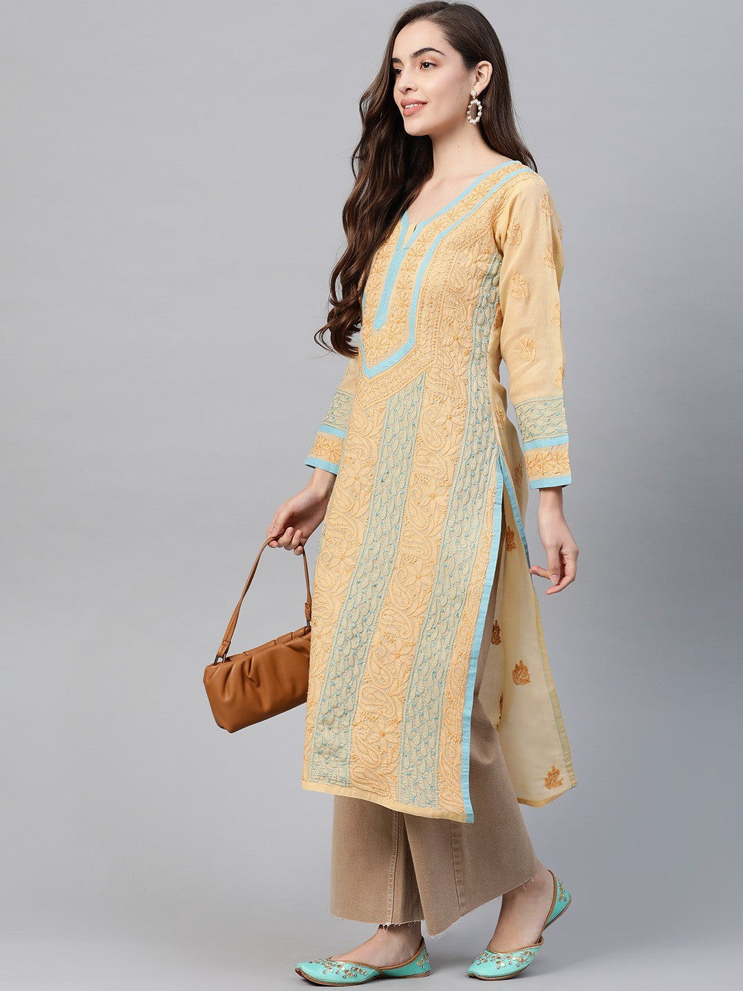 Ada Hand Embroidered Fawn Cotton Lucknowi Chikankari Straight Kurta A273457