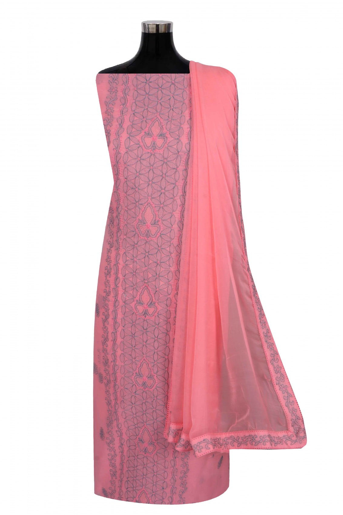 Ada Hand Embroidered Peach Cotton Lucknowi Chikankari Unstitched Suit Piece 01A275159