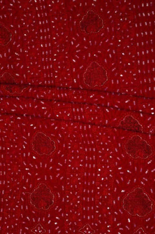 Ada Hand Embroidered Red Georgette Lucknowi Chikankari Unstitched Kurta Dupatta Set With Sequinned Work A508602