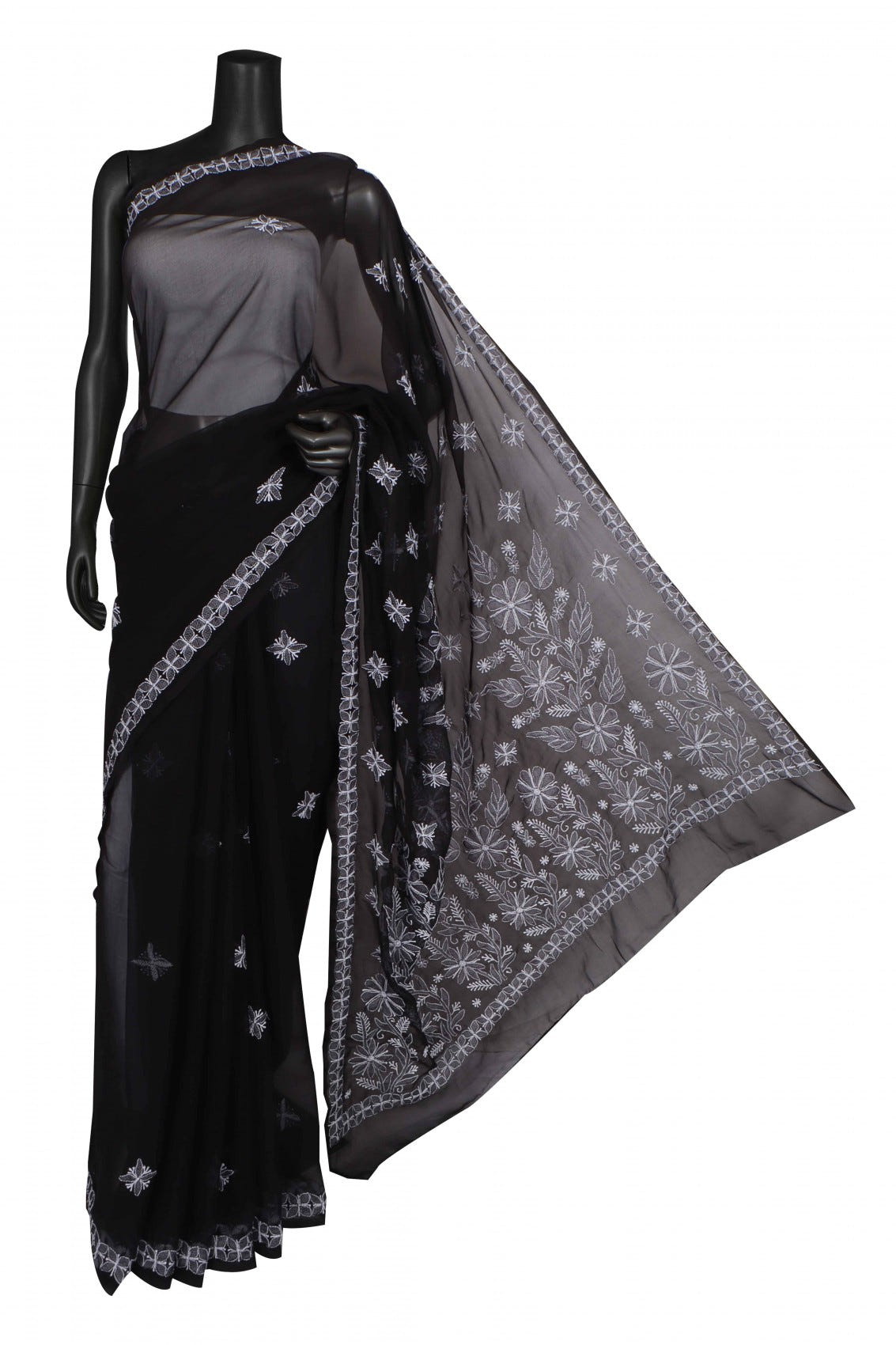 Ada Hand Embroidered Black Georgette Lucknowi Chikankari Saree with Blouse A568847