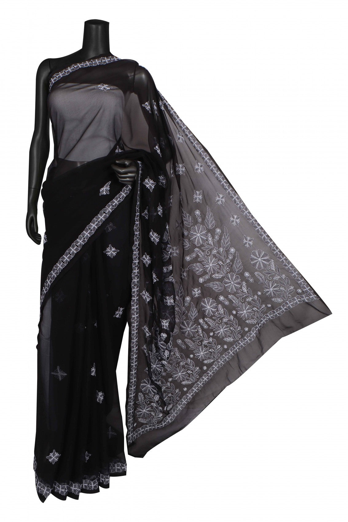 Ada Hand Embroidered Black Georgette Lucknowi Chikankari Saree with Blouse A568847