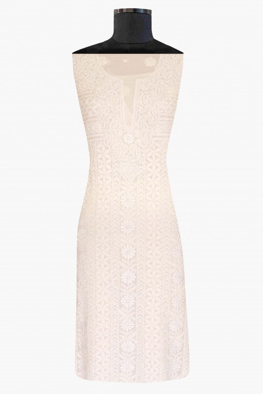 Ada Hand Embroidered White Pure Georgette Lucknowi Chikan Unstitched Kurta Dupatta Set - A590589
