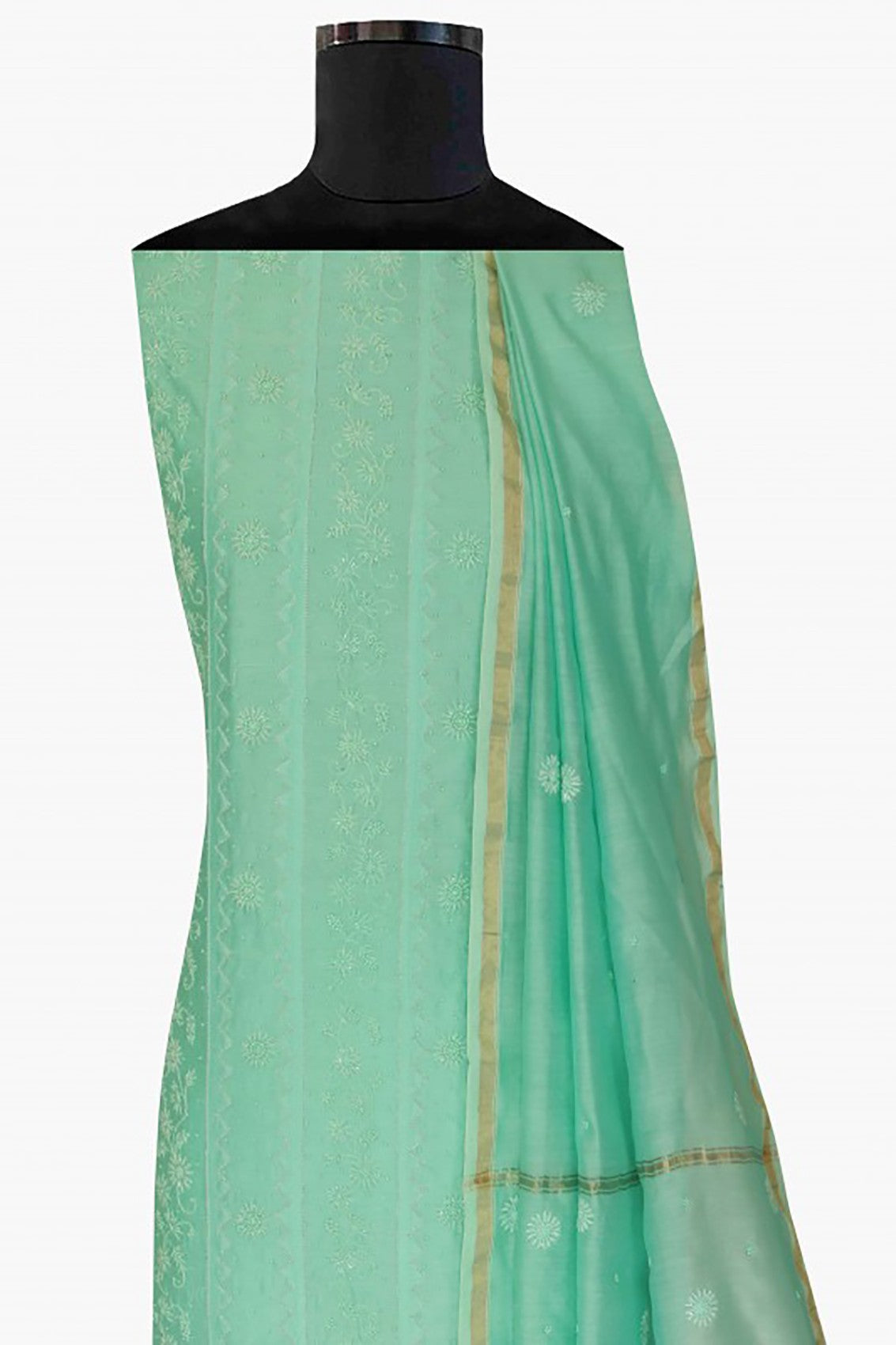 Ada Hand Embroidered Sea Green Chanderi Lucknowi Chikankari Unstitched Kurta Dupatta Set With Pearl Work A497227