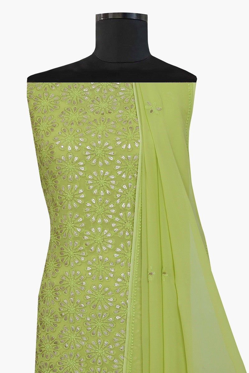 Ada Hand Embroidered Lime Green Georgette Lucknowi Chikan Unstitched Kurta Dupatta With Gota Patti Work–A603525