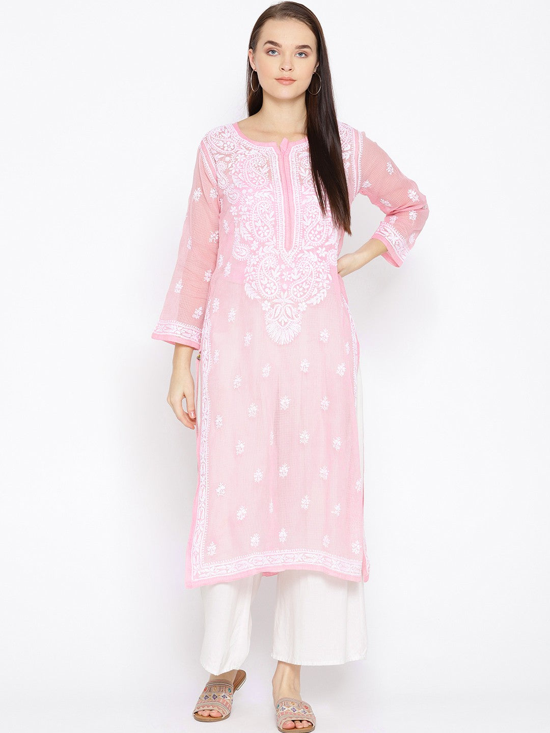 Ada Hand Embroidered Pink Kota Lucknowi Chikankari Straight Kurta With Slip A100118