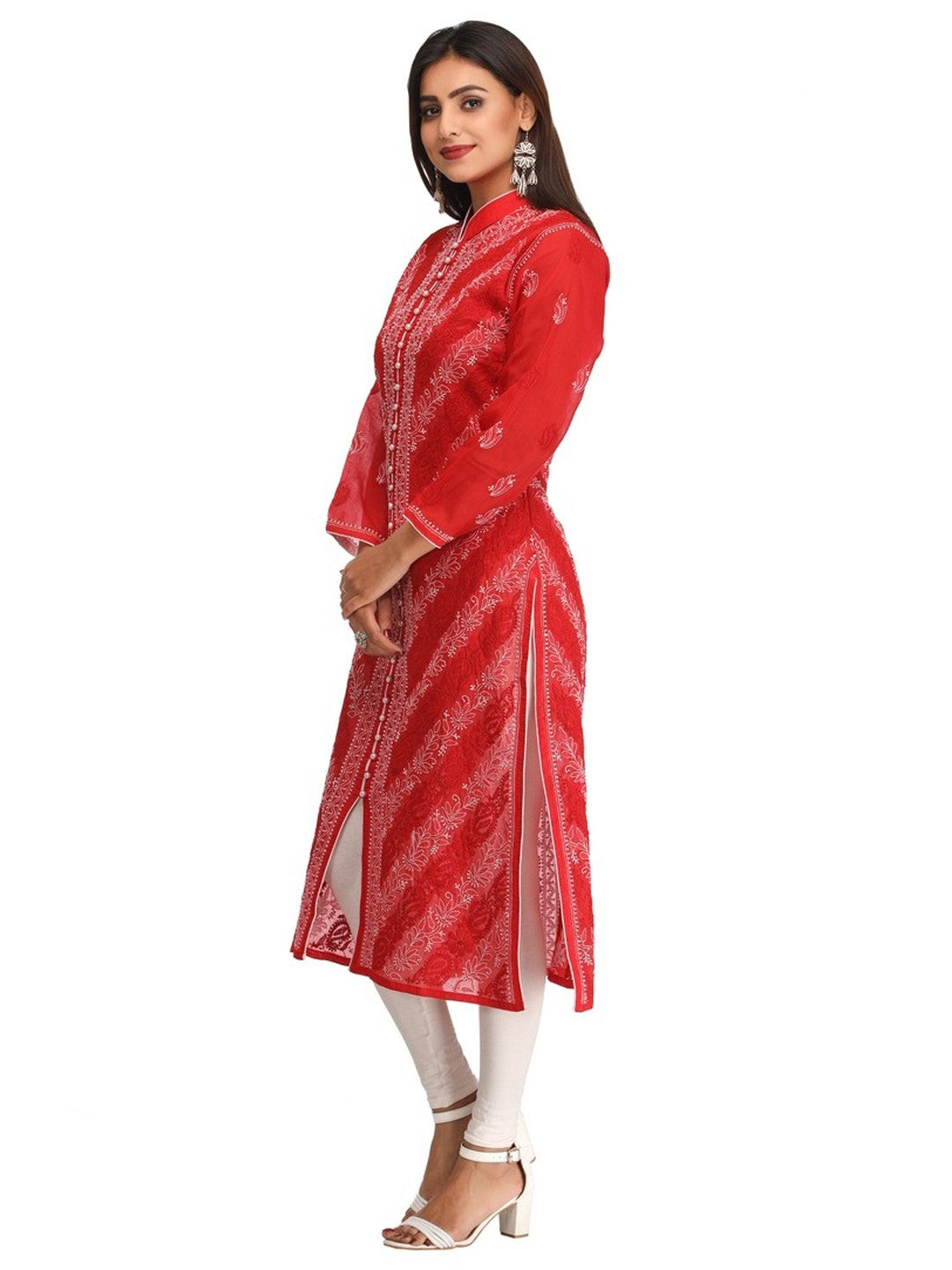 Ada Hand Embroidered Red Cotton Lucknowi Chikankari Straight Kurta A239006