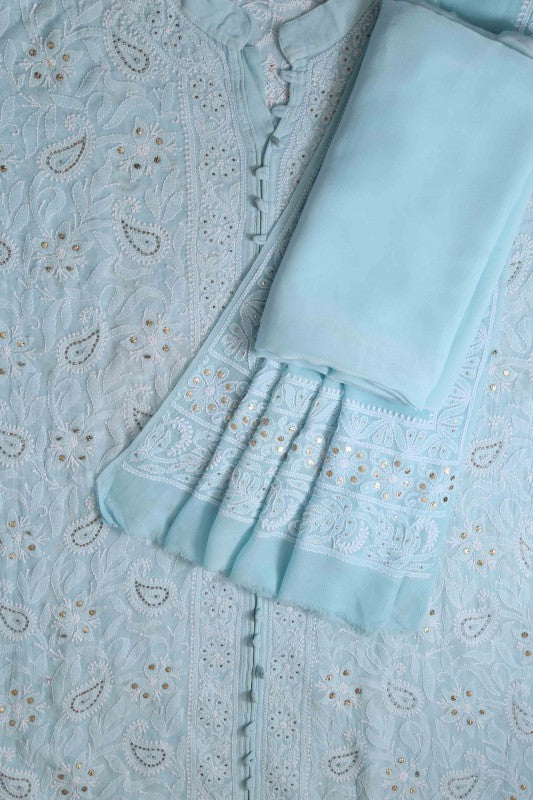 Ada Hand Embroidered Light Blue Pure Georgette Lucknowi Chikankari Semi-stitched Suit Piece Muqaish Work-A431436