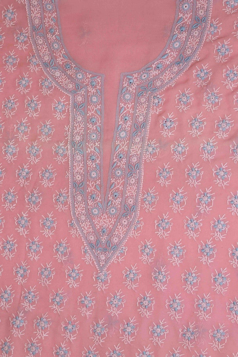 Ada Hand Embroidered Rose Pink Pure Georgette Lucknowi Chikan Unstitched Kurta Piece A98840