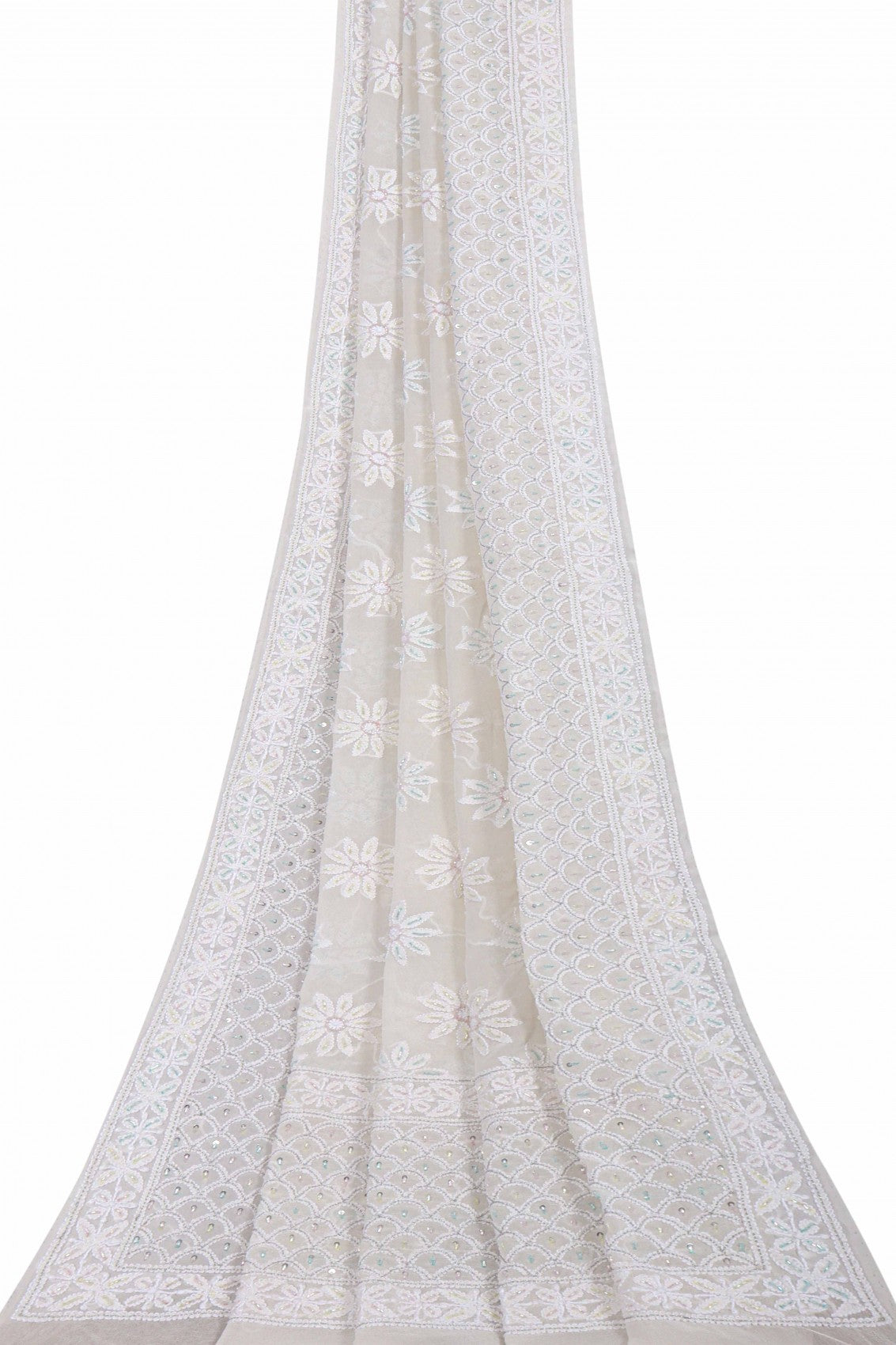 Ada Hand Embroidered White Pure Georgette Lucknowi Chikankari Dupatta With Cutdana Work 01A162503