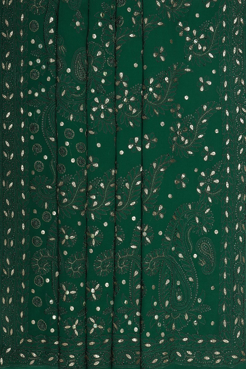 Ada Hand Embroidered Bottle Green Pure Georgette Lucknowi Chikankari Saree With Blouse with Gota Patti Work A619745