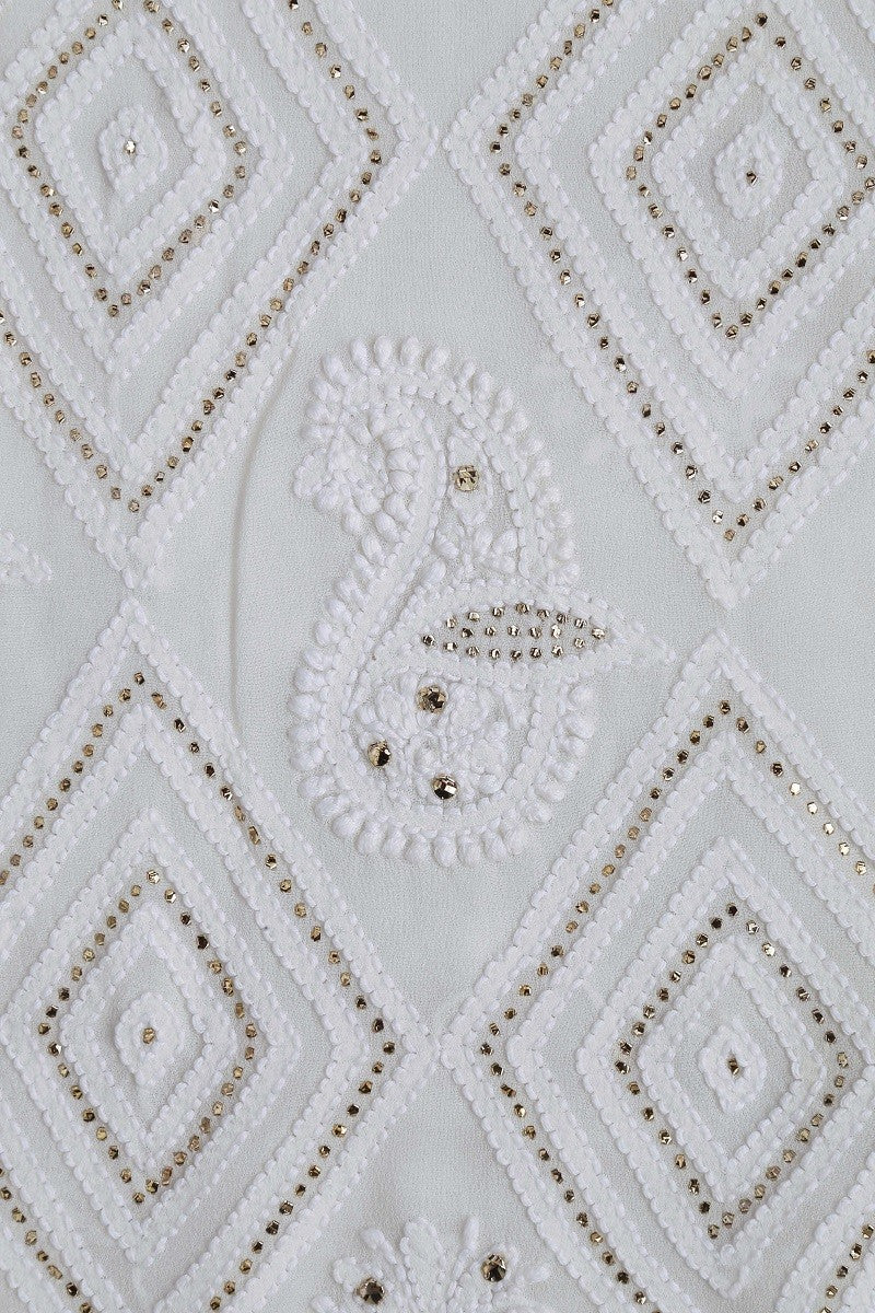 Ada Hand Embroidered White Pure Georgette Chikan Unstitched Kurta Dupatta Set- A589417