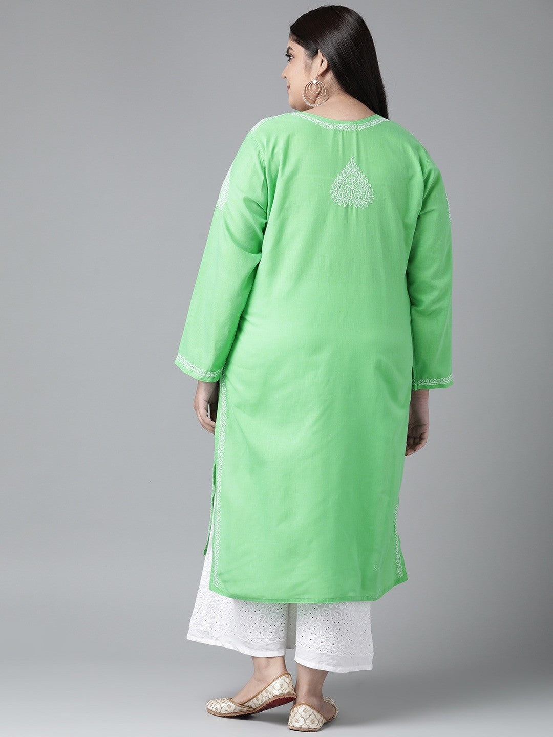 Ada Hand Embroidered Green Pure Cambric Cotton Lucknowi Chikankari Straight Kurta A100350