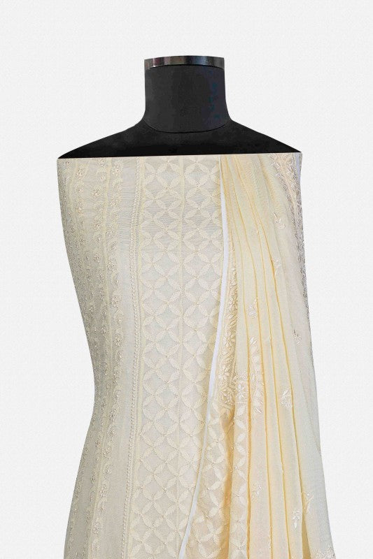Ada Hand Embroidered Cream Net Semi-stitched Anarkali Kurta Dupatta-A628790