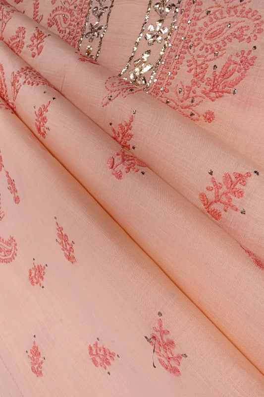 Ada Hand Embroidered Peach Cotton Lucknowi Chikan Unstitched Kurta Piece With Muqaish Work A281435
