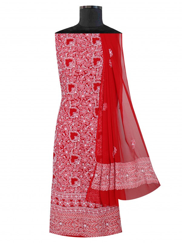 Ada Hand Embroidered Red Georgette Lucknowi Chikan Unstitched Suit Piece A491155