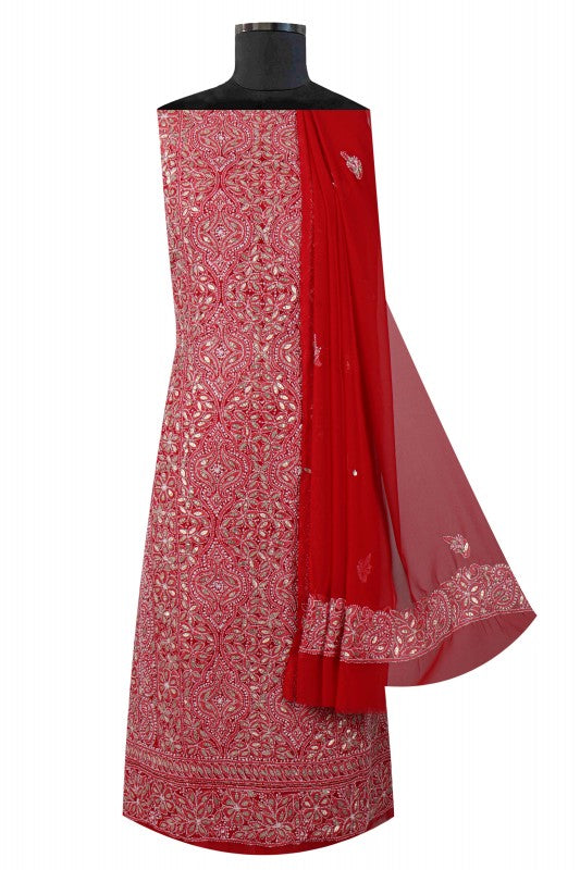 Ada Hand Embroidered Red Georgette Lucknowi Chikan Unstitched Suit Piece with Gota Patti Work A340194