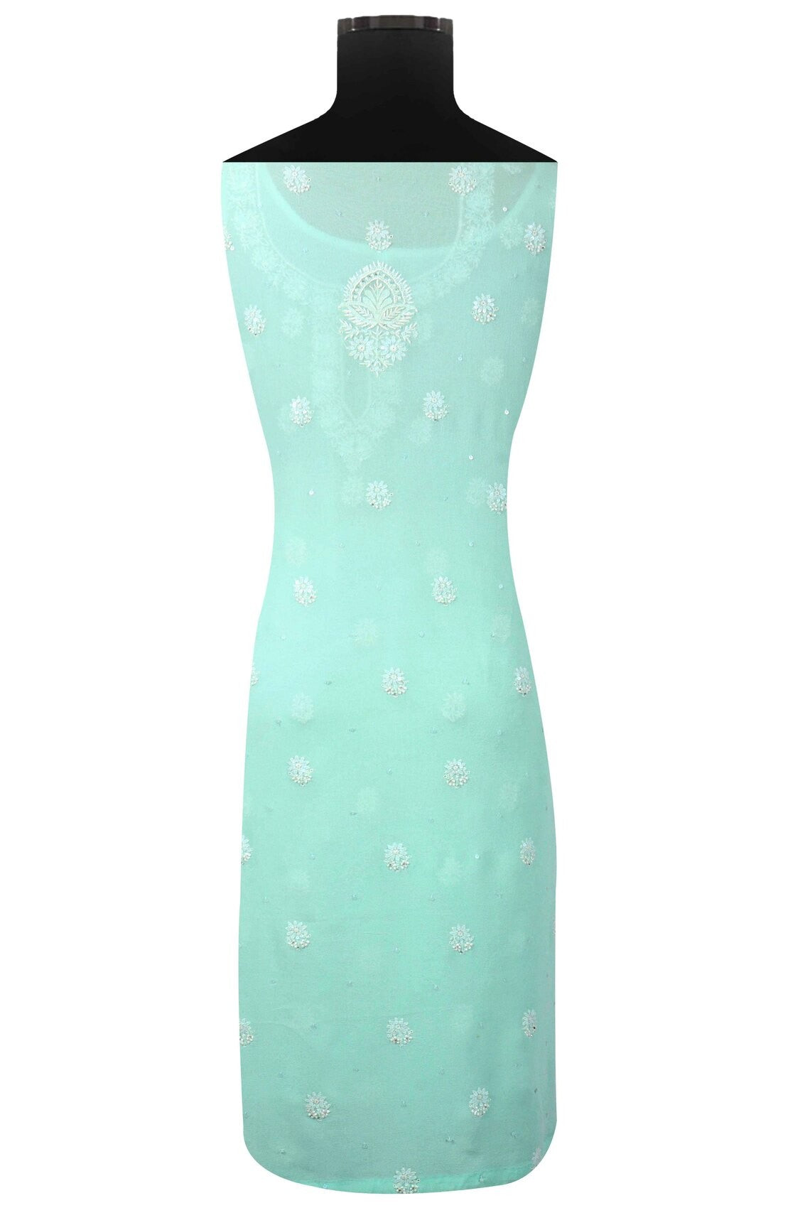 Ada Hand Embroidered Sea Green Pure Georgette Lucknowi Chikankari Unstitched Kurta Piece With Sequinned Work A508033