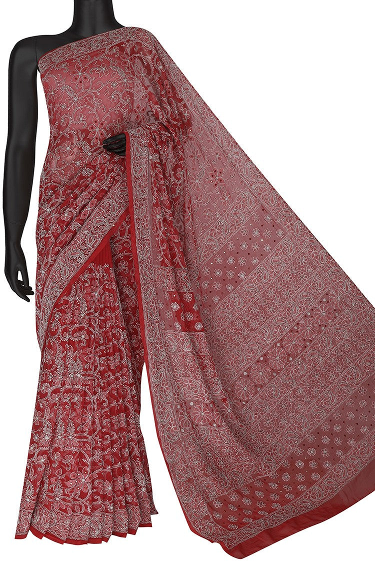 Ada Hand Embroidered Red Georgette Lucknowi Chikankari Saree/Blouse With Zari work A568660