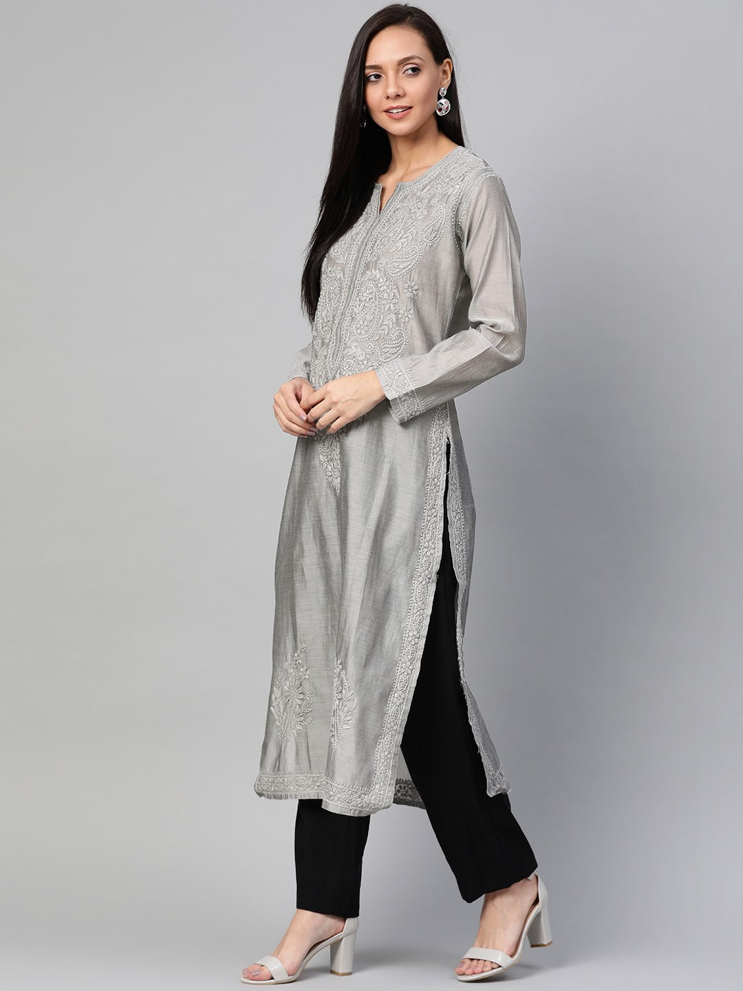Ada Hand Embroidered Grey Chanderi Lucknowi Chikankari Straight Kurta - A100477