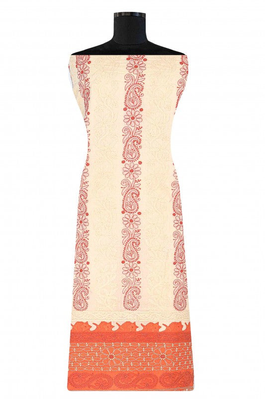 Ada Hand Embroidered Fawn Cotton Chikan Unstitched Kurta Piece-A610248