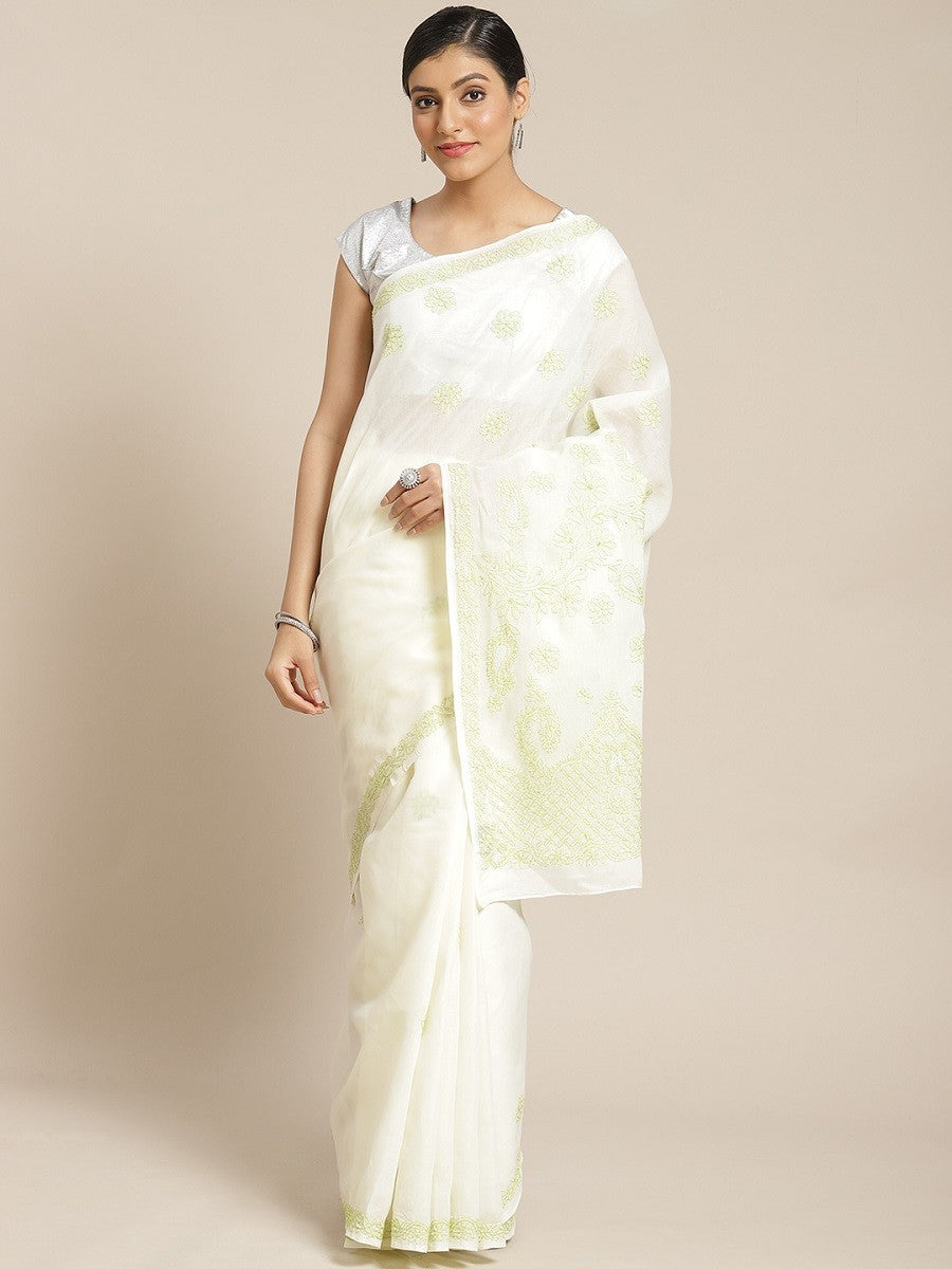 Ada Hand Embroidered Cream Cotton Lucknow Chikan Saree With Blouse- A311175