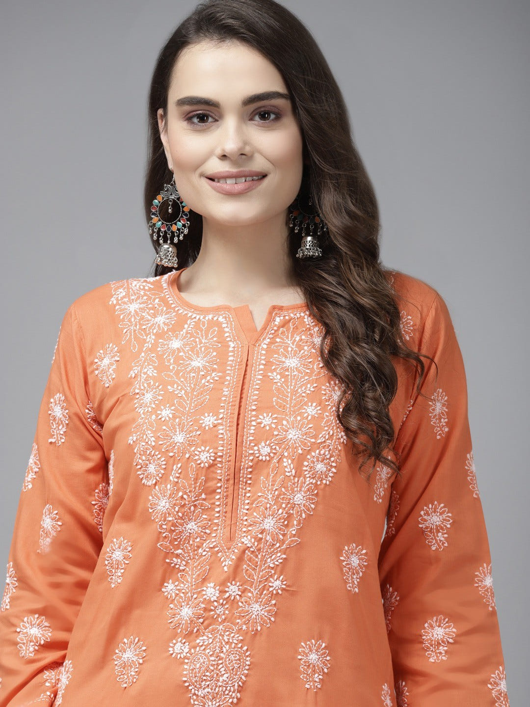 Ada Hand Embroidered Rust Cotton Lucknow Chikan Straight Kurta A353228