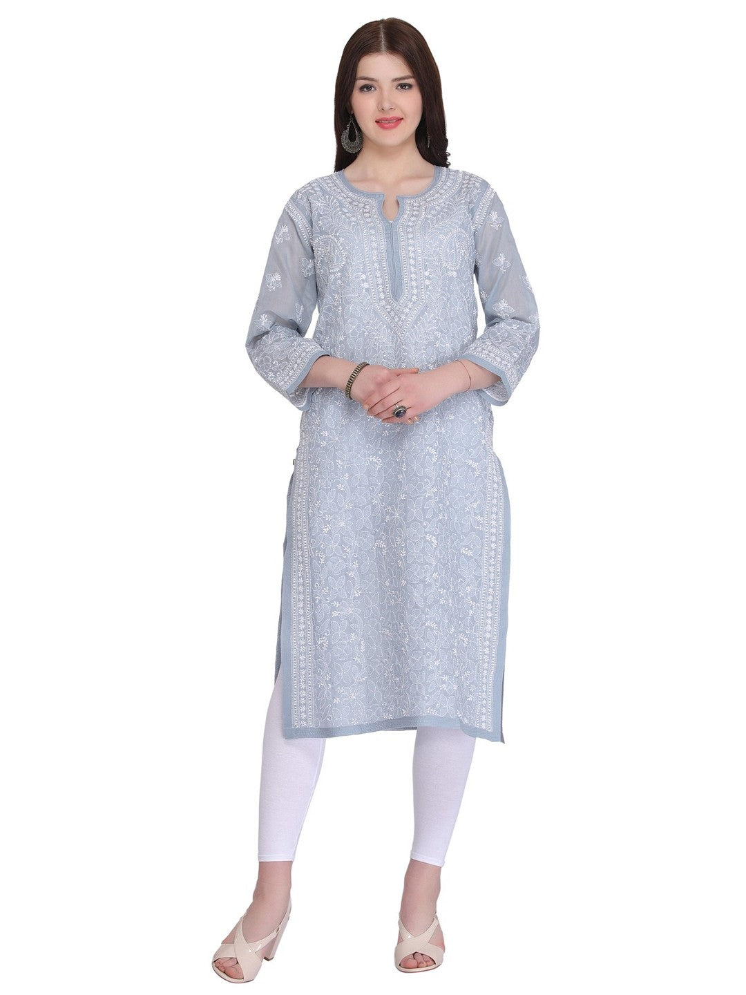Ada Hand Embroidered Grey Cotton Lucknowi Chikankari Straight Kurta A274287