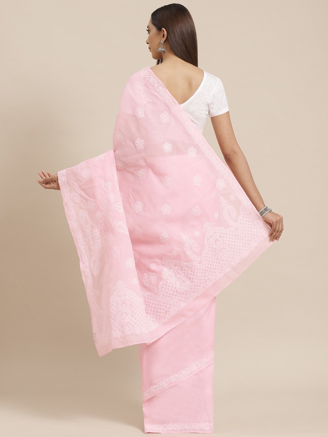 Ada Hand Embroidered Pink Cotton Lucknow Chikan Saree With Blouse- A311151