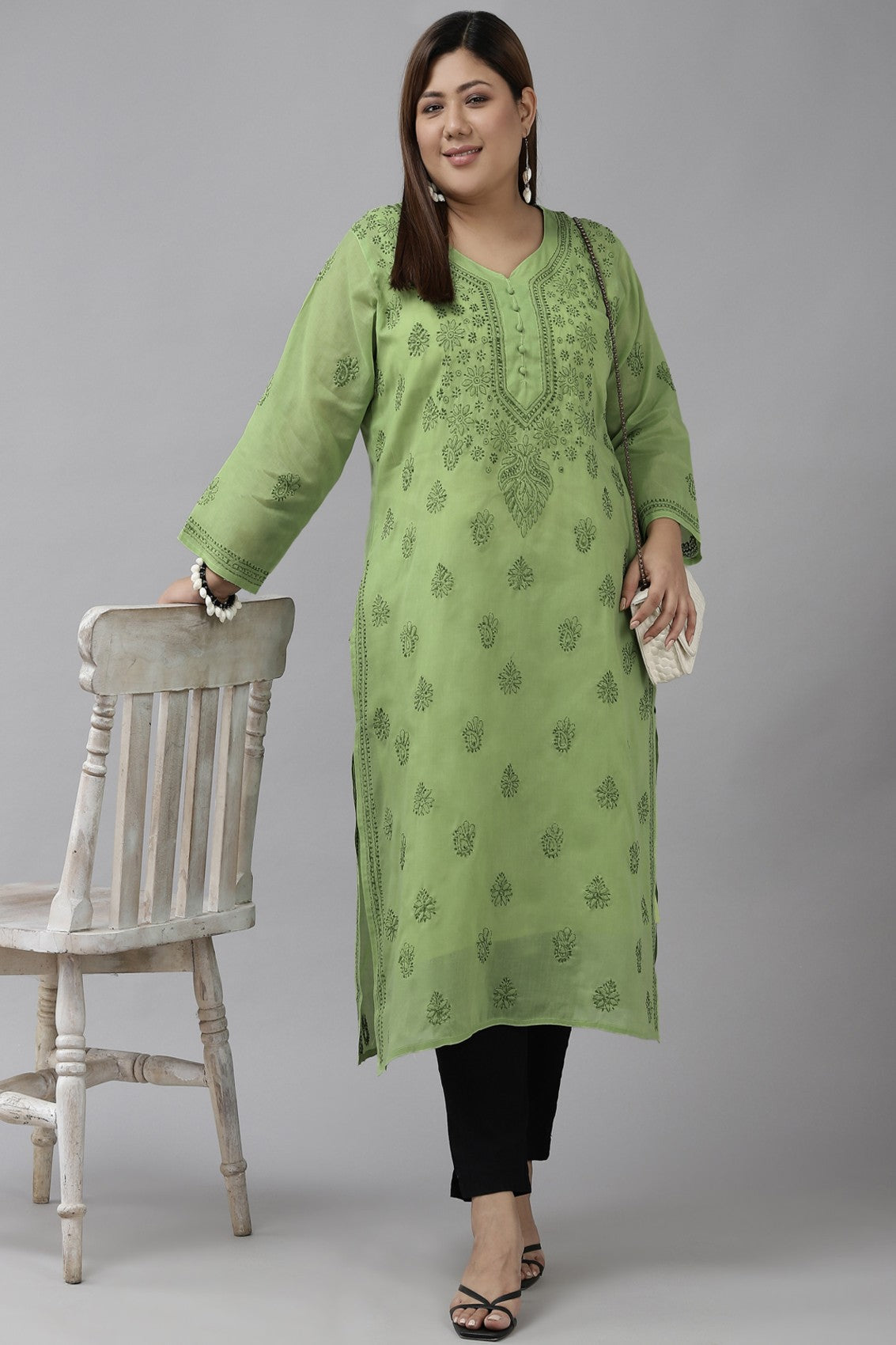 Ada Hand Embroidered Green Cotton Lucknowi Chikankari Straight Kurta A231409