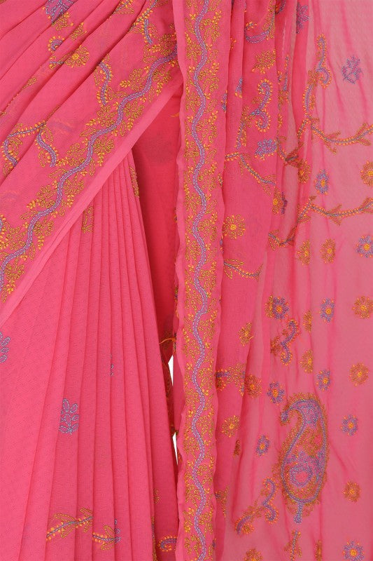 Ada Hand Embroidered Pink Georgette Lucknowi Chikankari Saree with Blouse A611436