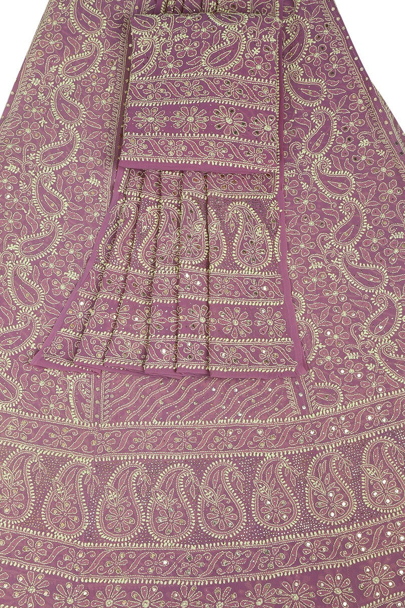 Ada Hand Embroidered Lilac Mauve Shaded Pure Georgette Lucknowi Chikankari Lehenga Set With Muqaish Work A610155