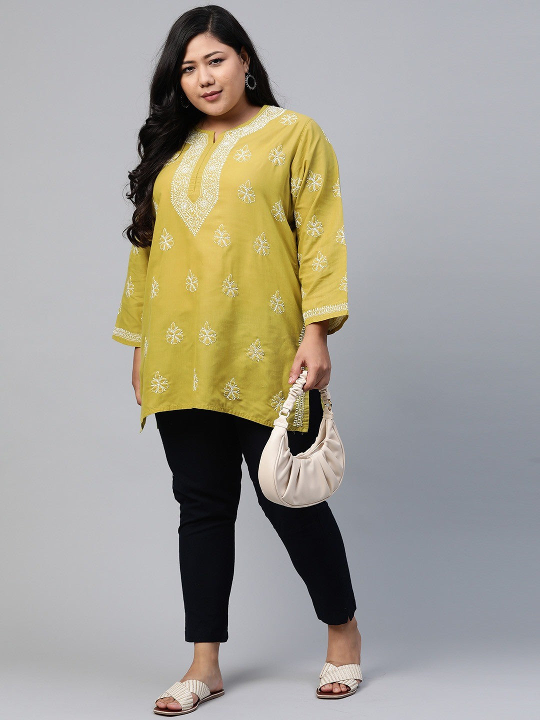 Ada Hand Embroidered Green Cotton Lucknowi Chikankari Short Kurti A210822