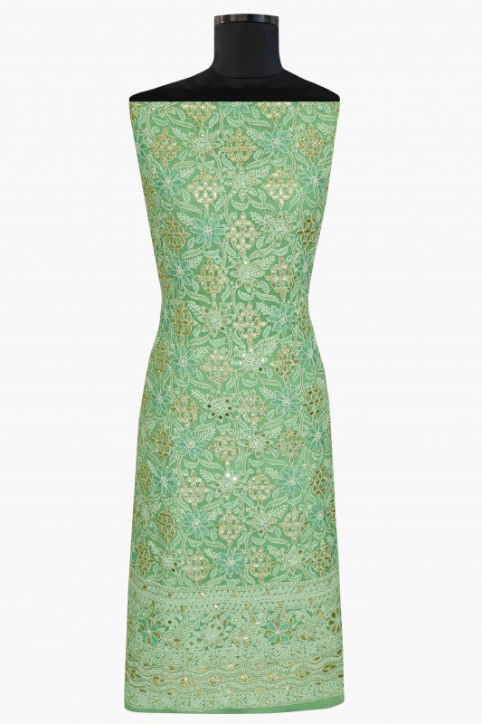 Ada Hand Embroidered Green Georgette Chikan Unstitched Kurta Dupatta Set with Gota Patti Work A406292