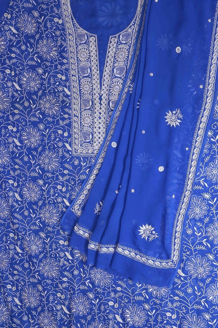 Ada Hand Embroidered Royal Blue Pure Georgette Lucknowi Chikan Unstitched Kurta Dupatta Set With Pearl & Sequinned Work A602319