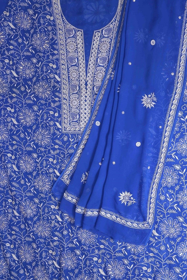Ada Hand Embroidered Royal Blue Pure Georgette Lucknowi Chikan Unstitched Kurta Dupatta Set With Pearl & Sequinned Work A602319