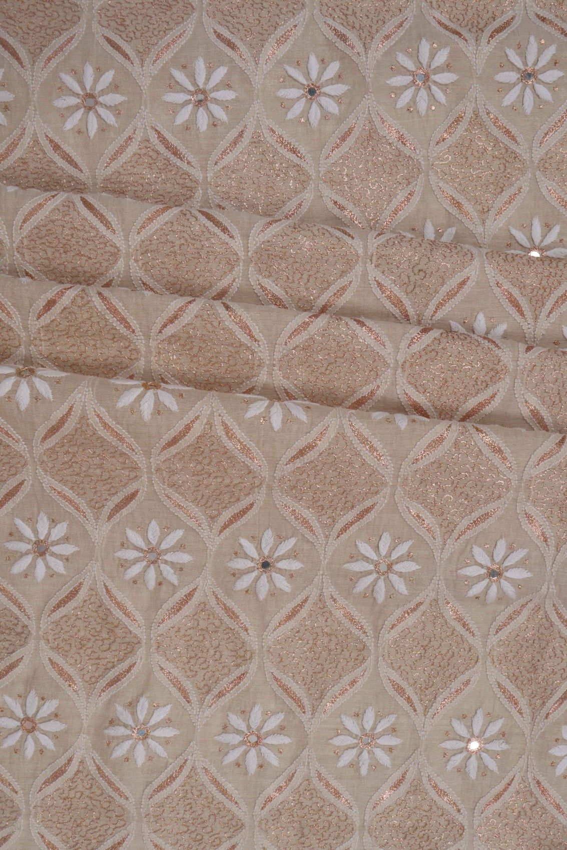 Ada Hand Embroidered Natural Light Fawn Tissue Lucknowi Chikankari Unstitched Suit Piece With Zari Work 01A42153