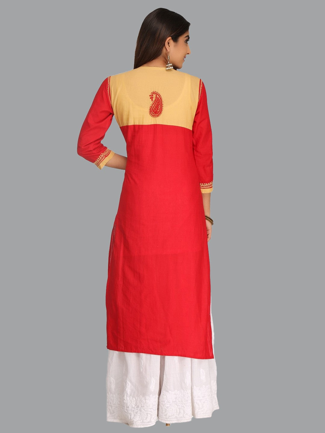 Ada Hand Embroidered Red Cotton Lucknowi Chikankari Straight Kurta A244478