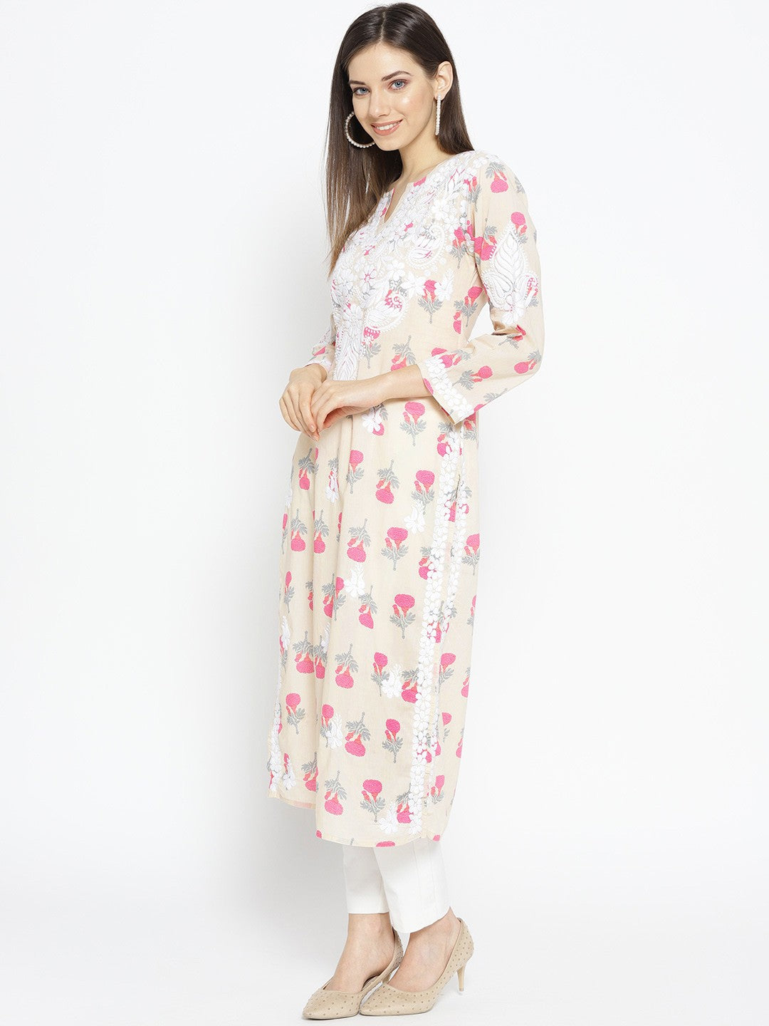 Ada Hand Embroidered Fawn Pink Cotton Lucknow Chikankari Kurta- A100026