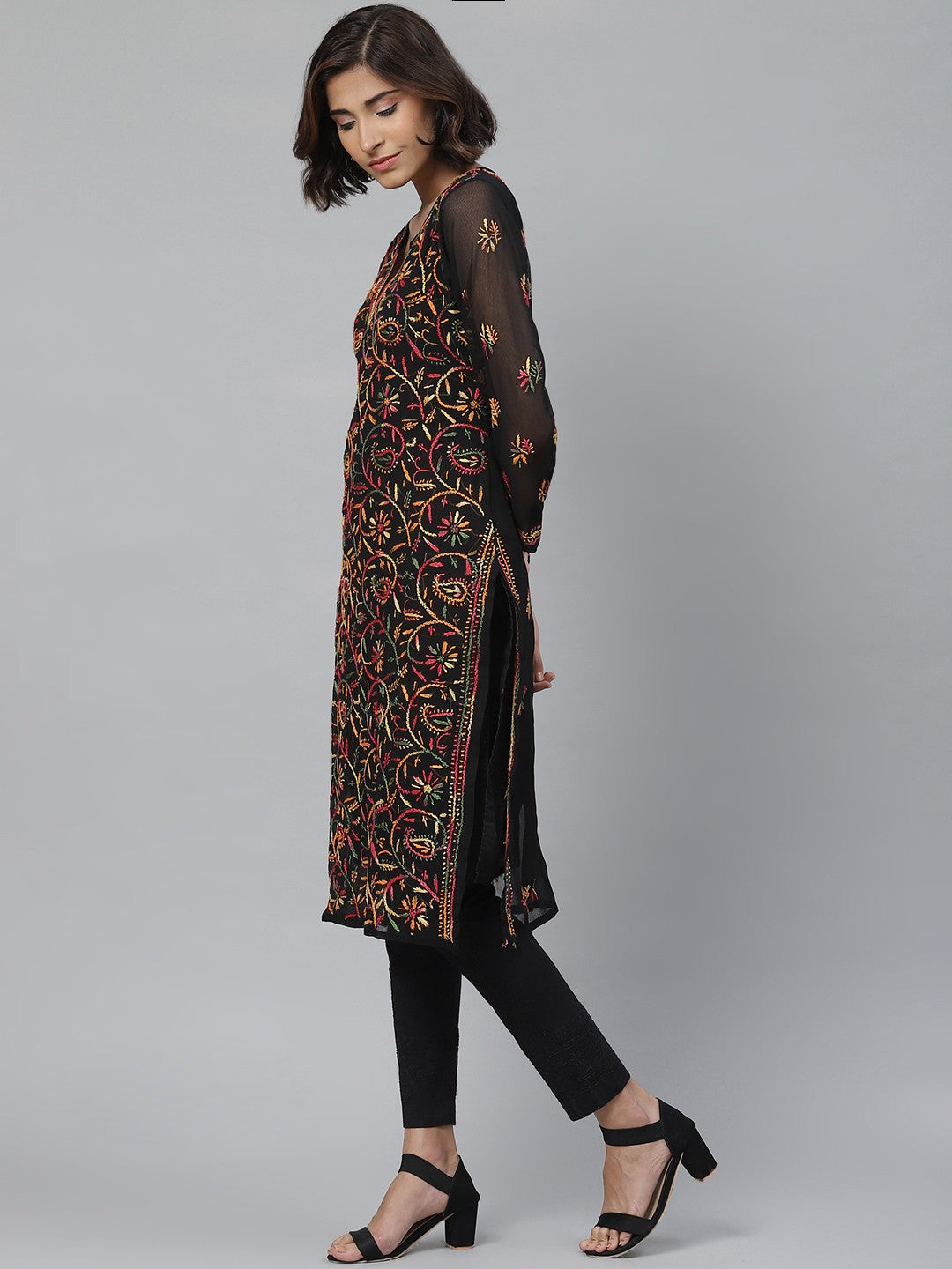 Ada Hand Embroidered Black Georgette Lucknowi Chikankari Kurta Set With Slip A811120